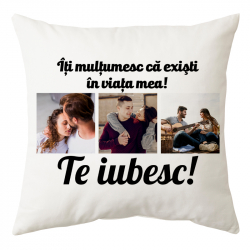 Perna personalizata patrata alba model Iti multumesc ca existi in viata mea poliester 40x40cm 