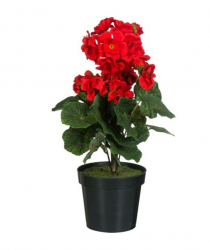 Floare artificiala ornamentala in ghiveci geranium cu inflorescente rosii si frunze verzi inaltime 35 cm Topi Toy 