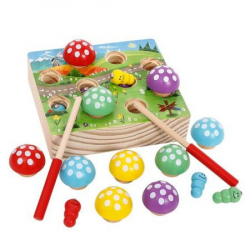 Jucarie educativa si interactiva tabla din lemn magnetica cu ciupercute pescuieste viermisorii BBL1293 