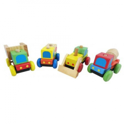 Set vehiculare constructii 4 masinute din lemn si cuburi copii peste 3 ani BBL1285 