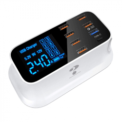 Statie de incarcare A19Q 40W cu 6 x USB 2.0 Qualcom USB 3.0 Fast Charge USB Type-C si display afisaj alb
