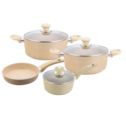 Set 2 oale cu capac 24 cm 28 cm Culinaro Eco cu tigaie 28 cm aluminiu cu strat ceramic marmorat culoare crem+ cratita 18cm inductie 
