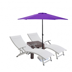 Set 2 sezlonguri cu brate CULINARO cadru aluminiu 170x52cm culoare bej+masa cafea+umbrela 250cm mov cu suport 