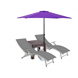 Set 2 sezlonguri cu brate CULINARO cadru aluminiu 170x52cm culoare gri+masa cafea+umbrela 250cm mov cu suport 
