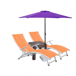 Set 2 sezlonguri cu brate CULINARO cadru aluminiu 170x52cm culoare oranj+masa cafea+umbrela 250cm mov cu suport 