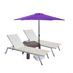 Set 2 sezlonguri CULINARO 4 pozitii cu roti deplasare 70x197 5xh34 5 bej+masa cafea+umbrela 250cm mov cu suport 
