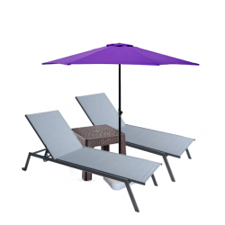 Set 2 sezlonguri CULINARO 4 pozitii cu roti deplasare 70x197 5xh34 5 gri+masa cafea+umbrela 250cm mov cu suport 