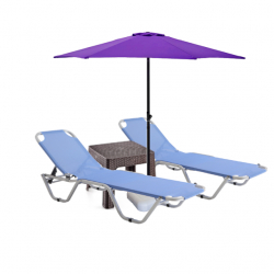 Set 2 sezlonguri CULINARO 5 pozitii albastru 195x61x80cm+masa cafea+umbrela 250cm mov cu suport 
