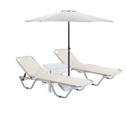 Set 2 sezlonguri CULINARO 5 pozitii bej 195x61x80cm+masa alba+umbrela 250cm alba cu suport 
