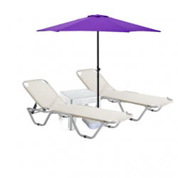 Set 2 sezlonguri CULINARO 5 pozitii bej 195x61x80cm+masa alba+umbrela 250cm mov cu suport 