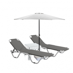 Set 2 sezlonguri CULINARO 5 pozitii gri 195x61x80cm+masa alba+umbrela 250cm alba cu suport 