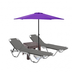 Set 2 sezlonguri CULINARO 5 pozitii gri 195x61x80cm+masa cafea+umbrela 250cm mov cu suport