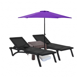 Set 2 sezlonguri CULINARO PACIFIC culoare neagra+masa cafea+umbrela 250cm mov cu suport 