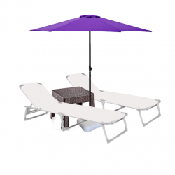 Set 2 sezlonguri pliabile CULINARO 188x56cm cadru metalic cu profil ingust alba+masa cafea+umbrela 250cm mov cu suport