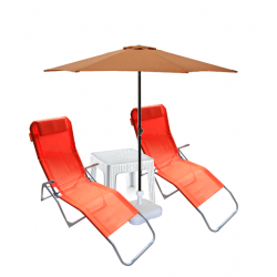 Set 2 sezlonguri pliant CULINARO oranj 140x58x98cm+masa alba+umbrela 250cm orange cu suport 