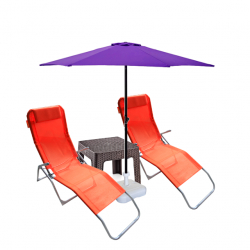 Set 2 sezlonguri pliant CULINARO oranj 140x58x98cm+masa cafea+umbrela 250cm mov cu suport 