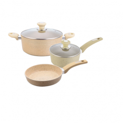 Set 5 piese inductie Culinaro Eco oala cu capac 24cm cratita cu capac 18cm si tigaie 28cm cu strat ceramic marmorat culoare crem 
