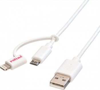 Cablu USB la micro USB-B + adaptor Lightning iPhone 5/6/7 Alb 1m Roline 11.02.8325 