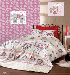 Lenjerie de pat pentru o persoana cu husa de perna dreptunghiulara Kitty bumbac satinat gramaj tesatura 120 g/mp multicolor 