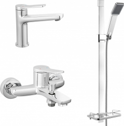 Set FERRO STRATOS 3in1 Baterie stativa lavoar + Baterie perete cada/dus + Set dus cu para dus 1 functie ploaie crom 