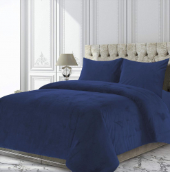 Set cuvertura catifea cu 2 fete de perna model Ocean King Size 200 x 220 cm Albastru inchis