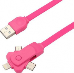 Cablu 3 in 1 rotativ cu conector Micro USB type C Lightning 1 m lungime Roz SHO815 
