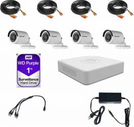 Kit complet 4 camere exterior/interior Hikvision cu accesorii incluse 