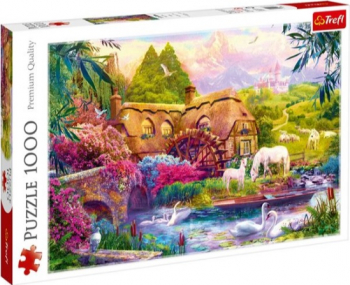 Puzzle peisaj casuta cai albi lebede pe lac si flori multicolore 1000 piese