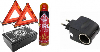KIT auto obligatoriu Premium Motor Starter - Trusa Medicala 2xTriunghiuri Stingator Tip Spray Adaptor incarcator auto 220V-12V 500 mAh 