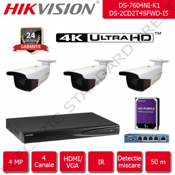 Kit supraveghere video Hikvision 50 m IR format din 1x NVR + 3x camere IP Ultra HD 4 Megapixel 1440p + accesorii incluse fara HDD 