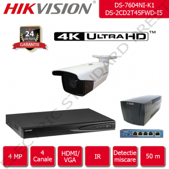 Kit supraveghere video Hikvision 50 m IR format din 1x NVR + 1x camera IP Ultra HD 4 Megapixel 1440p + accesorii incluse 