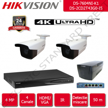 Kit supraveghere video Hikvision 50 m IR format din 1x NVR + 2x camere IP Ultra HD 4 Megapixel 1440p + accesorii incluse fara HDD 