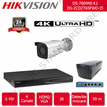Kit supraveghere video Hikvision 50 m IR format din 1x NVR + 1x camera IP Ultra HD 6 Megapixel 1440p + accesorii incluse fara HDD 