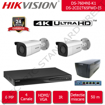 Kit supraveghere video Hikvision 50 m IR format din 1x NVR + 2x camere IP Ultra HD 6 Megapixel 1440p + accesorii incluse 