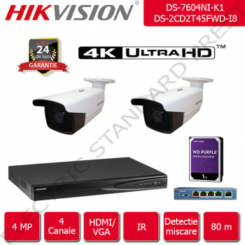 Kit supraveghere video Hikvision 80 m IR format din 1x NVR + 3x camere IP Ultra HD 4 Megapixel 1440p + accesorii incluse 