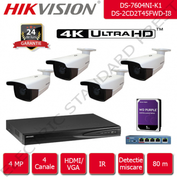 Kit supraveghere video Hikvision 80 m IR format din 1x NVR + 4x camere IP Ultra HD 4 Megapixel 1440p + accesorii incluse fara HDD 