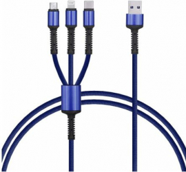 Cablu de incarcare/transfer date 3 in 1 USB la Lightning USB-C Micro USB lungime 1.2M ranforsat Albastru BBL1400 