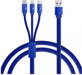 Cablu de incarcare/transfer date 3 in 1 USB la Lightning USB-C Micro USB lungime 1.2M ranforsat Albastru BBL1396 