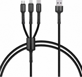 Cablu de incarcare/transfer date 3 in 1 USB la Lightning USB-C Micro USB lungime 1.2M ranforsat Negru BBL1398 