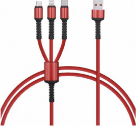 Cablu de incarcare/transfer date 3 in 1 USB la Lightning USB-C Micro USB lungime 1.2M ranforsat Rosu BBL1401 