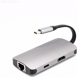 Hub Type C 5 in 1 Metalic pentru Macbook/Laptop la Rj45 Enthernet 2USB 3.0 HDMI Type C 