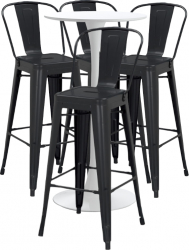 Set bar cafenea RAKI masa alba 60x101cm si patru scaune metalice negre cu spatar 46x43x107cm 