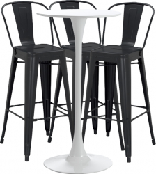 Set bar cafenea RAKI masa alba 60x101cm si trei scaune metalice negre cu spatar 46x43x107cm 