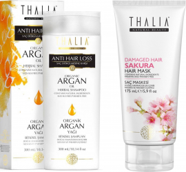 Pachet ingrijire par Thalia Natural Beauty Sampon anticadere cu ulei organic de argan 300ml + Masca pentru par deteriorat Sakura cu