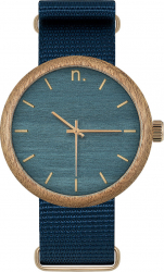 Ceas din lemn Neat - New Hoop - 43mm Albastru cu detalii aurii - lemn de Sapele 