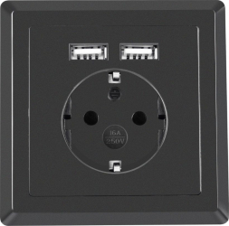 Priza schuko de perete 100V - 240V 16A Lanberg cu 2 porturi USB 5V 2.1A 86 x 86 x 45 mm cu impamantare neagra AC-WS01-USB2-F-B-DC 