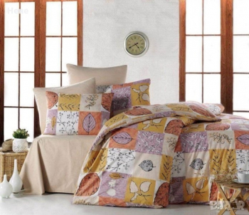 Lenjerie de pat pentru o persoana cu husa elastic pat si perna dreptunghiulara Autumn bumbac satinat multicolor 