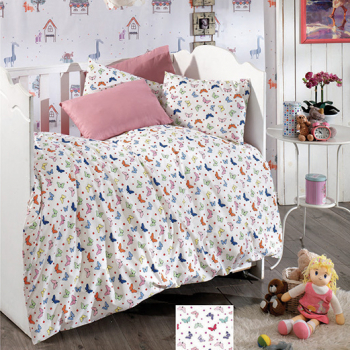 Lenjerie de pat pentru o persoana cu husa elastic pat si fata perna dreptunghiulara Kids bumbac satinat gramaj tesatura 120 g/mp multicolor 