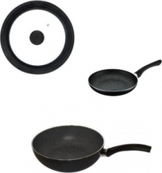 Set tigaie inalta aluminiu 26 cm + Tigaie cu maner 24 cm + Capac multisize 24/26/28 cm Pepita Granit Studio Casa 