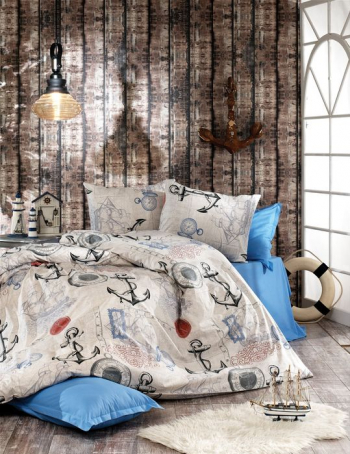 Lenjerie de pat matrimonial cu husa de perna patrata The sailor bumbac satinat gramaj tesatura 120 g/mp multicolor 